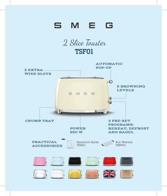 SMEG 2 Slice Toaster with 6 Presets and Defrost Function and Removable Crumb Tray (Cream)