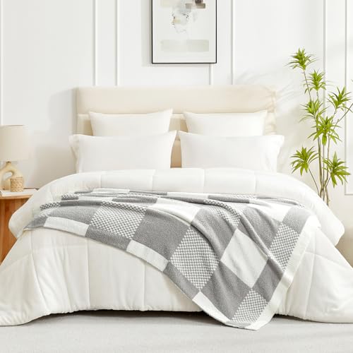 Snuggle Sac Checkered Blanket, Beige Throw Blanket for Couch Plaid Microfiber Fluffy Warm Cozy Fuzzy Soft Throw Blanket Reversible Checkerered Blankets for Sofa, Chair, Bed, 50x60 inches