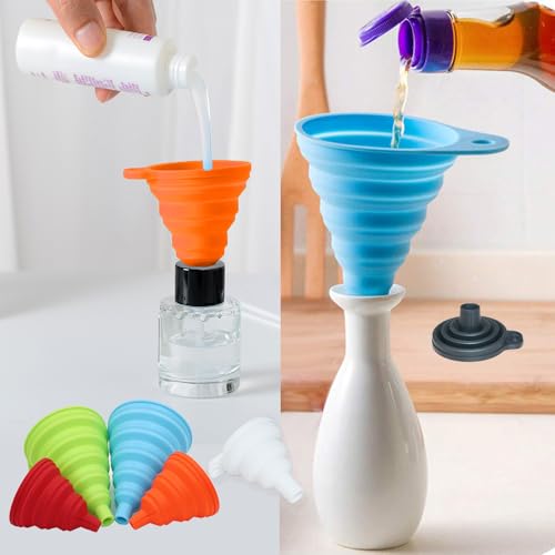 KongNai Kitchen Funnel Set 4 Pack, Small and Large, Kitchen Gadgets Accessories Foldable Silicone Collapsible Funnels for Filling Water Bottle Liquid Transfer Food Grade