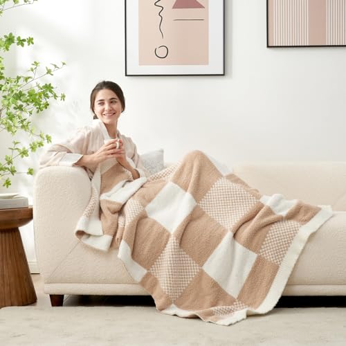 Snuggle Sac Checkered Blanket, Beige Throw Blanket for Couch Plaid Microfiber Fluffy Warm Cozy Fuzzy Soft Throw Blanket Reversible Checkerered Blankets for Sofa, Chair, Bed, 50x60 inches