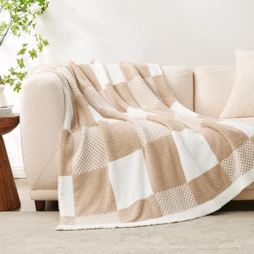 Snuggle Sac Checkered Blanket, Beige Throw Blanket for Couch Plaid Microfiber Fluffy Warm Cozy Fuzzy Soft Throw Blanket Reversible Checkerered Blankets for Sofa, Chair, Bed, 50x60 inches