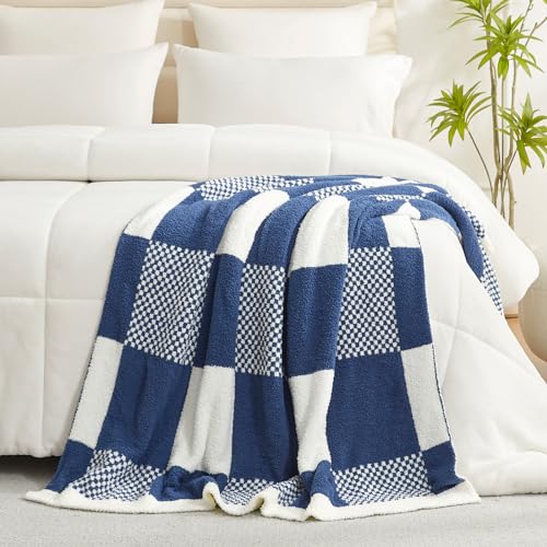 Snuggle Sac Checkered Blanket, Beige Throw Blanket for Couch Plaid Microfiber Fluffy Warm Cozy Fuzzy Soft Throw Blanket Reversible Checkerered Blankets for Sofa, Chair, Bed, 50x60 inches