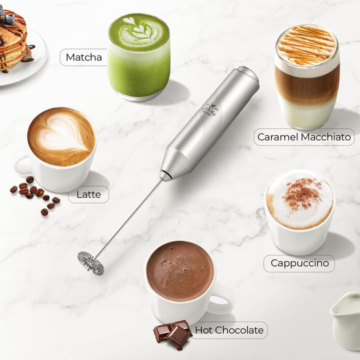 Zulay Kitchen Powerful Milk Frother Wand - Mini Milk Frother Handheld Stainless Steel - Battery Operated Drink Mixer for Coffee, Lattes, Cappuccino, Matcha - Froth Mate Milk Frother Gift - Black