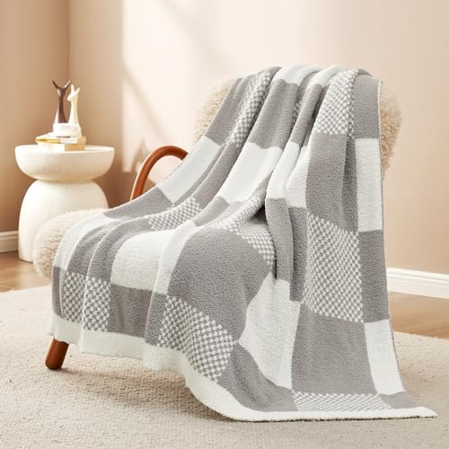 Snuggle Sac Checkered Blanket, Beige Throw Blanket for Couch Plaid Microfiber Fluffy Warm Cozy Fuzzy Soft Throw Blanket Reversible Checkerered Blankets for Sofa, Chair, Bed, 50x60 inches