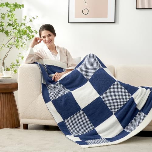 Snuggle Sac Checkered Blanket, Beige Throw Blanket for Couch Plaid Microfiber Fluffy Warm Cozy Fuzzy Soft Throw Blanket Reversible Checkerered Blankets for Sofa, Chair, Bed, 50x60 inches