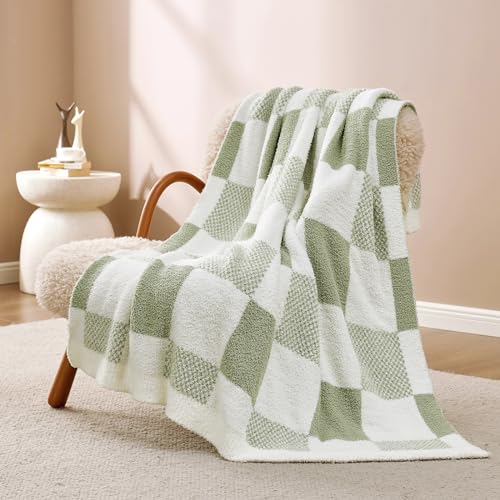 Snuggle Sac Checkered Blanket, Beige Throw Blanket for Couch Plaid Microfiber Fluffy Warm Cozy Fuzzy Soft Throw Blanket Reversible Checkerered Blankets for Sofa, Chair, Bed, 50x60 inches