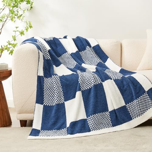 Snuggle Sac Checkered Blanket, Beige Throw Blanket for Couch Plaid Microfiber Fluffy Warm Cozy Fuzzy Soft Throw Blanket Reversible Checkerered Blankets for Sofa, Chair, Bed, 50x60 inches