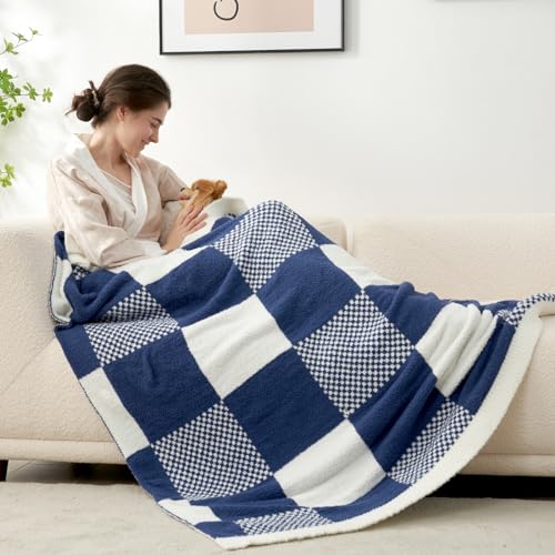 Snuggle Sac Checkered Blanket, Beige Throw Blanket for Couch Plaid Microfiber Fluffy Warm Cozy Fuzzy Soft Throw Blanket Reversible Checkerered Blankets for Sofa, Chair, Bed, 50x60 inches