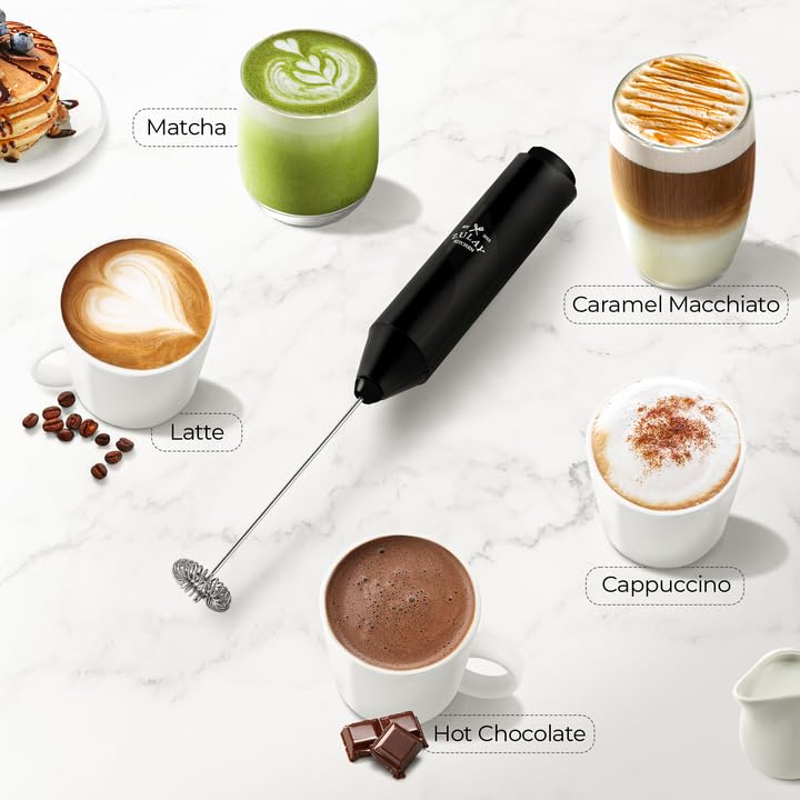 Zulay Kitchen Powerful Milk Frother Wand - Mini Milk Frother Handheld Stainless Steel - Battery Operated Drink Mixer for Coffee, Lattes, Cappuccino, Matcha - Froth Mate Milk Frother Gift - Black