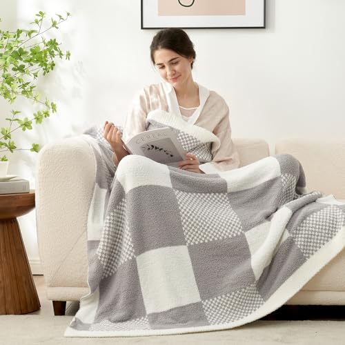 Snuggle Sac Checkered Blanket, Beige Throw Blanket for Couch Plaid Microfiber Fluffy Warm Cozy Fuzzy Soft Throw Blanket Reversible Checkerered Blankets for Sofa, Chair, Bed, 50x60 inches