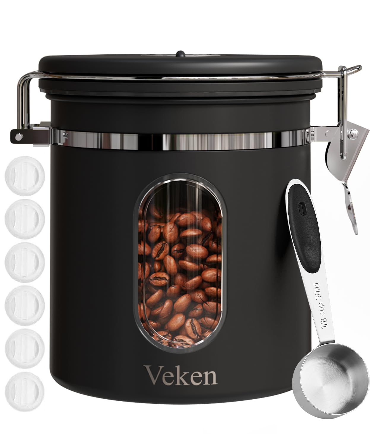 Veken Coffee Canister with Window, Airtight Stainless Steel Kitchen Food Storage Container, Date Tracker and Scoop for Grounds Coffee Bar Accessories, Beans, Tea, Flour, Cereal, Sugar, 22OZ, Black