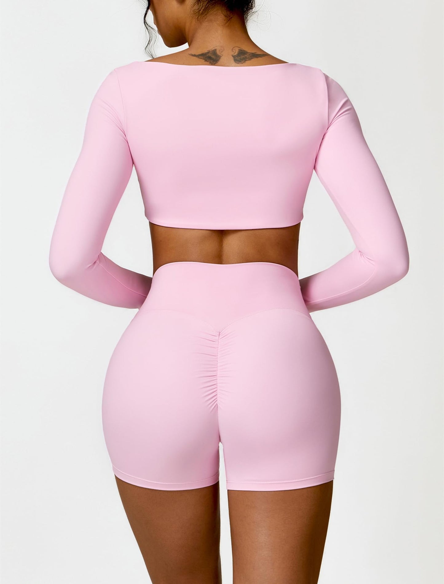 ABOCIW Workout Sets for Women 2 Piece Square Neck Long Sleeve Crop Tops High Waist Biker Shorts Gym Sets