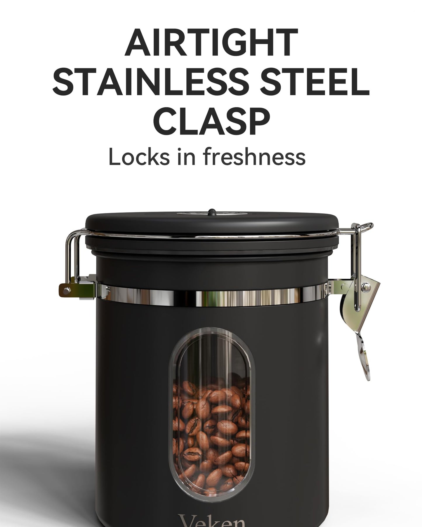 Veken Coffee Canister with Window, Airtight Stainless Steel Kitchen Food Storage Container, Date Tracker and Scoop for Grounds Coffee Bar Accessories, Beans, Tea, Flour, Cereal, Sugar, 22OZ, Black