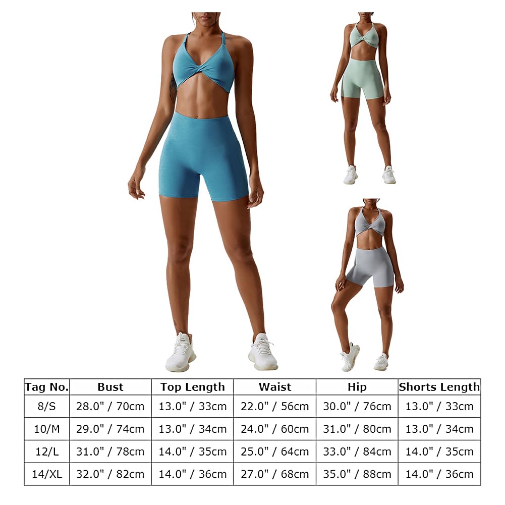 ABOCIW Workout Sets for Women 2 Piece Twist Front Halter Sports Bras High Waist Booty Shorts Exercise Gym Yoga Outfit