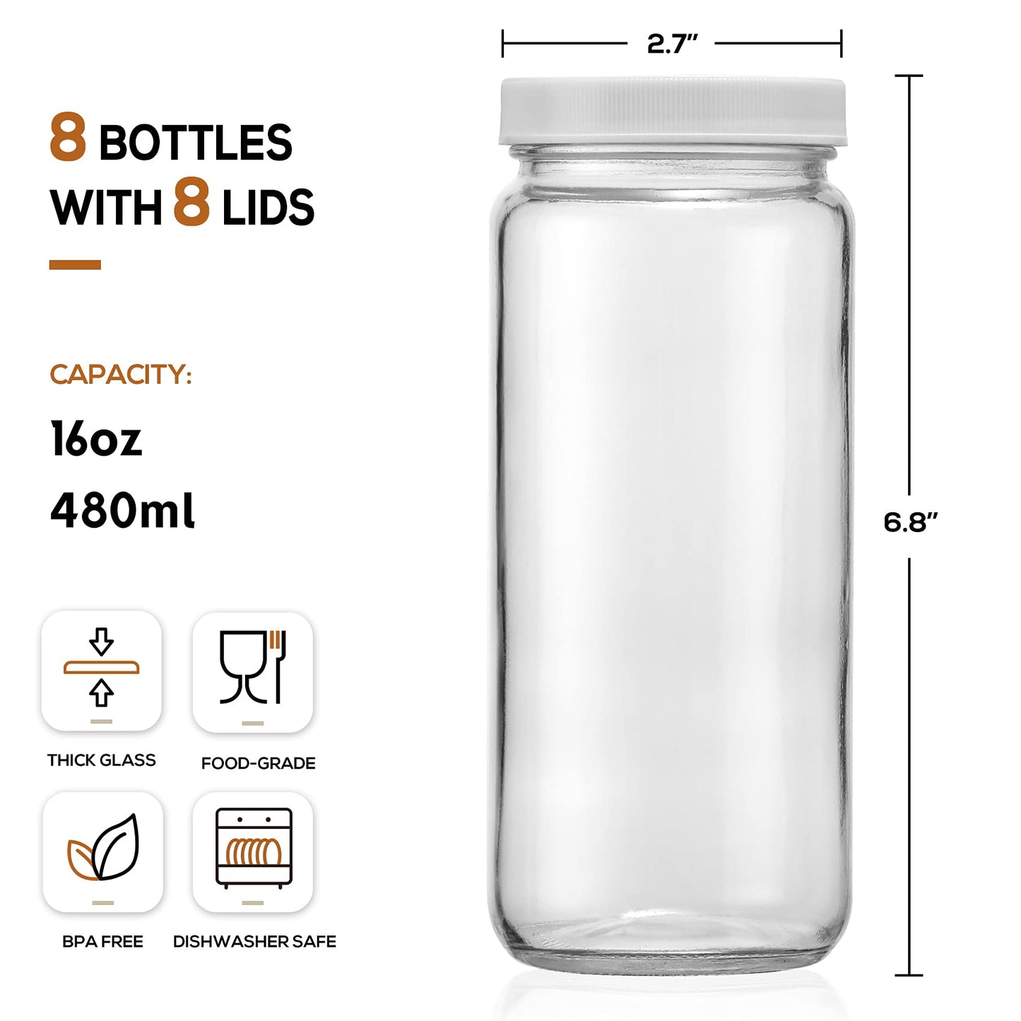 [ 8 Pack ] Glass Juicing Bottles with 2 Straws & 2 Lids w Hole- 16 OZ Travel Drinking Jars, Water Cups with Black Airtight Lids, Reusable Tall Mason Jar for Juice, Bubble Tea, Smoothie, Tea, Kombucha