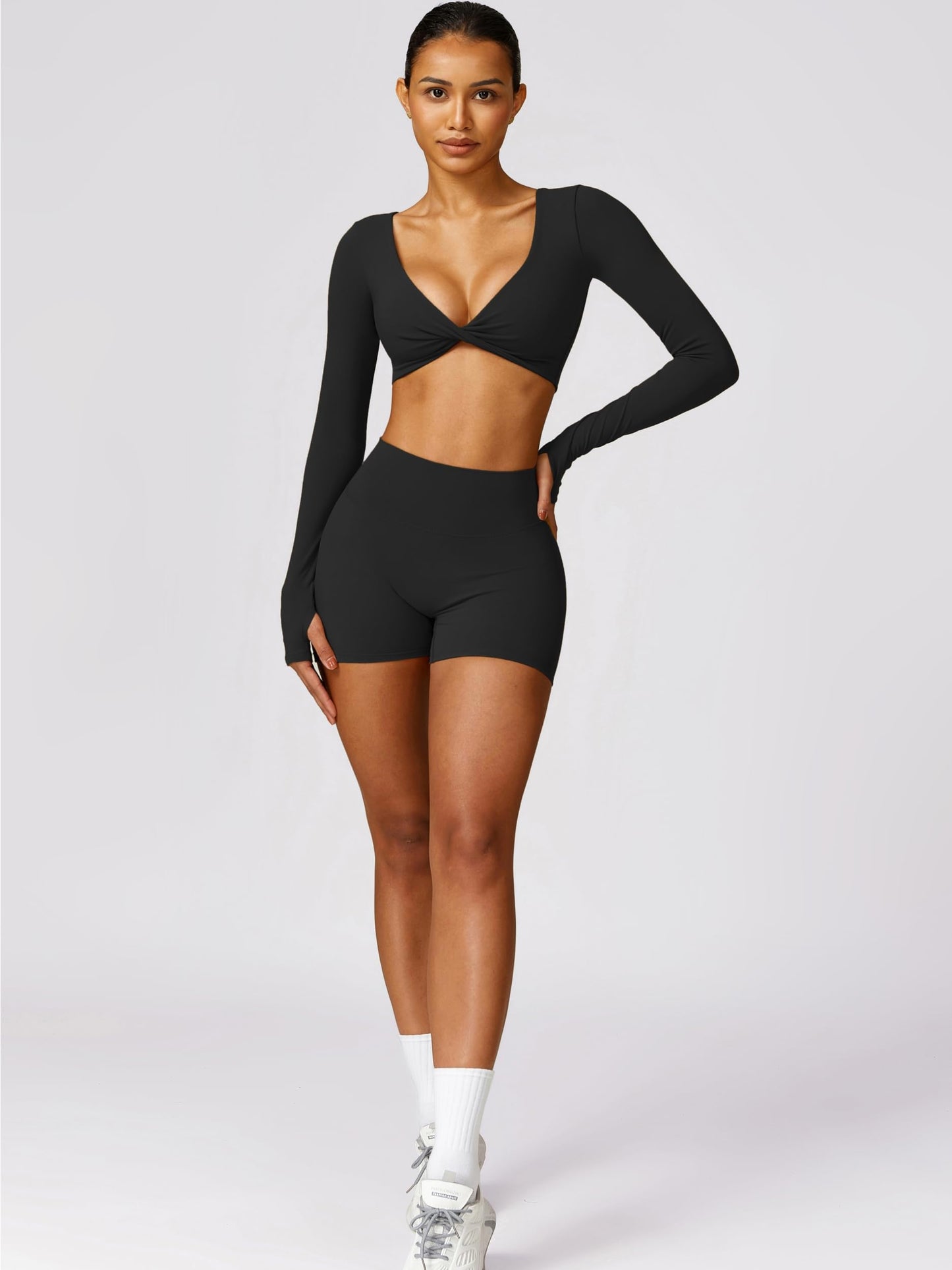 ABOCIW Workout Sets for Women 2 Piece Square Neck Long Sleeve Crop Tops High Waist Biker Shorts Gym Sets