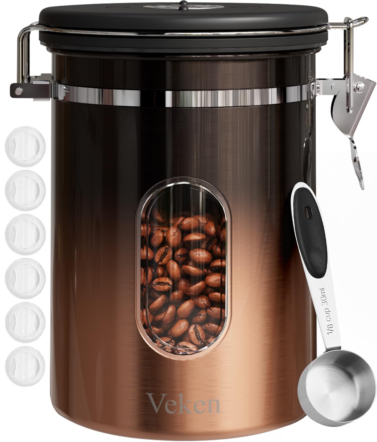 Veken Coffee Canister with Window, Airtight Stainless Steel Kitchen Food Storage Container, Date Tracker and Scoop for Grounds Coffee Bar Accessories, Beans, Tea, Flour, Cereal, Sugar, 22OZ, Black