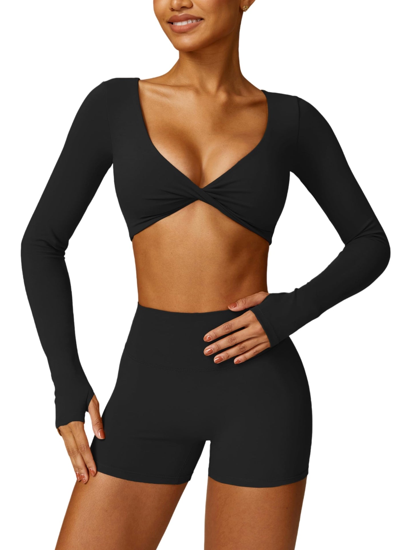 ABOCIW Workout Sets for Women 2 Piece Square Neck Long Sleeve Crop Tops High Waist Biker Shorts Gym Sets