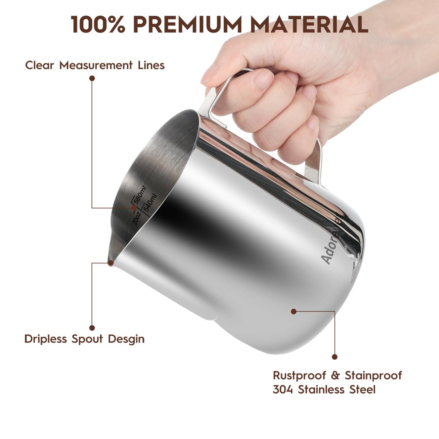 Milk Frothing Pitcher 350ml/600ml/900ml/1500ml (12oz/20oz/32oz/50oz) Steaming Pitchers Stainless Steel Milk/Coffee/Cappuccino/Latte Art Barista Steam Pitchers Milk Jug Cup with Art Pen,12oz