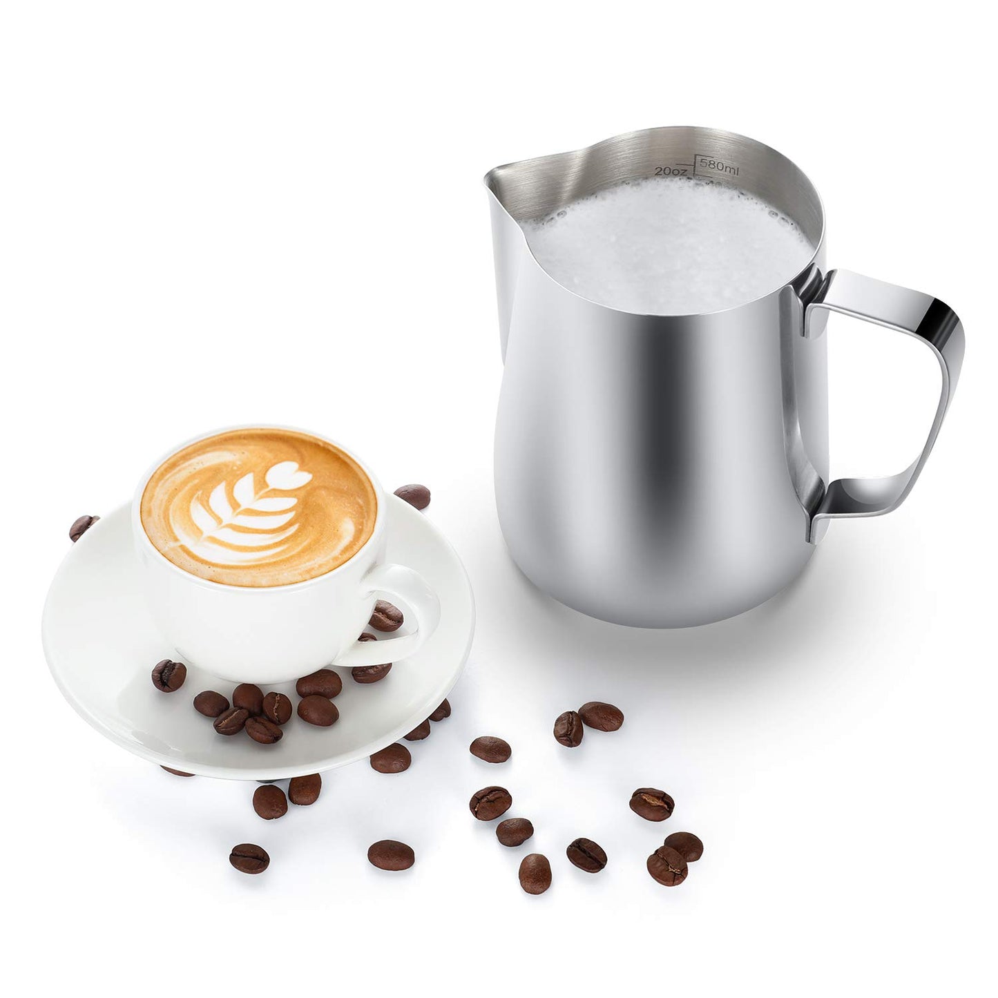 Milk Frothing Pitcher 350ml/600ml/900ml/1500ml (12oz/20oz/32oz/50oz) Steaming Pitchers Stainless Steel Milk/Coffee/Cappuccino/Latte Art Barista Steam Pitchers Milk Jug Cup with Art Pen,12oz