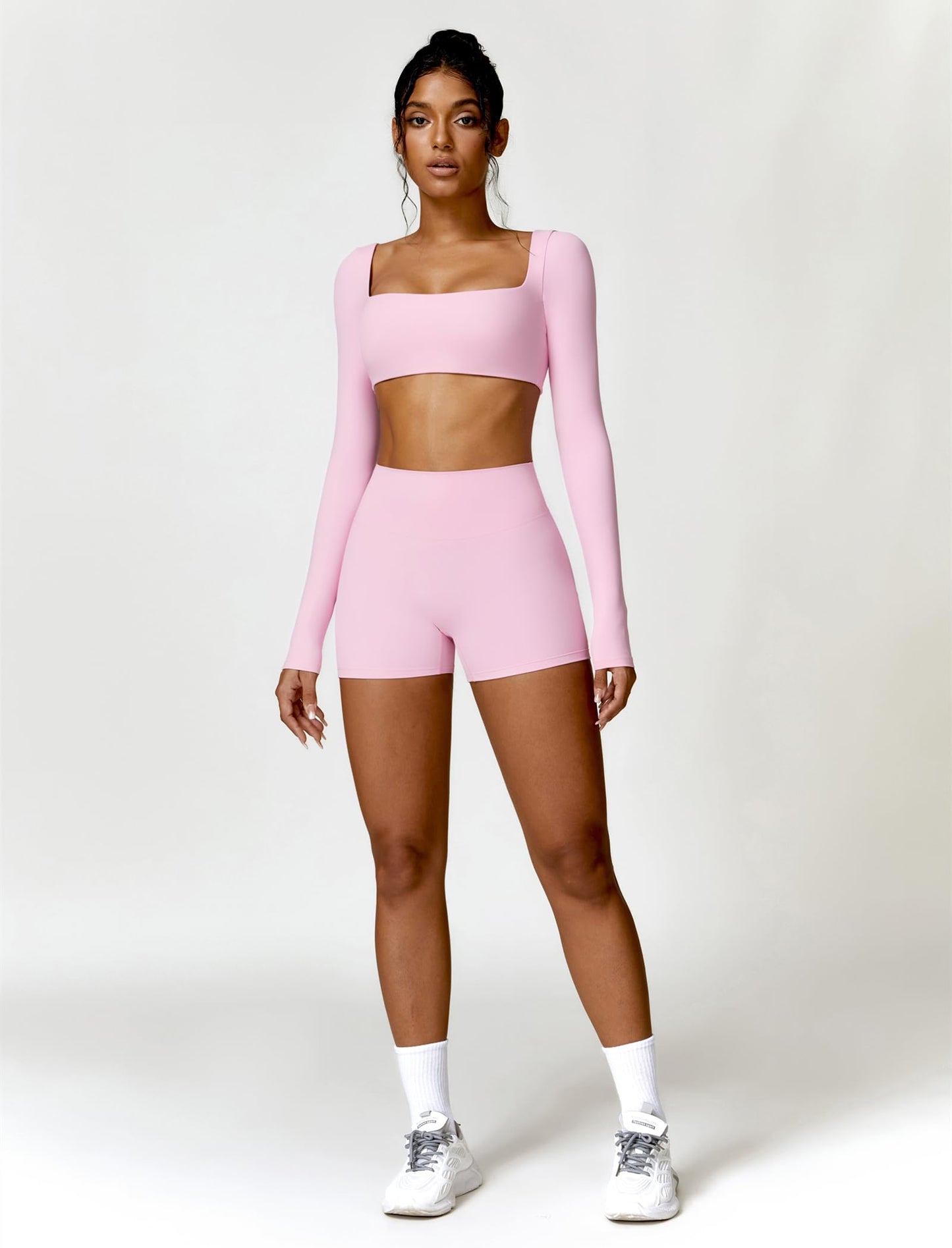 ABOCIW Workout Sets for Women 2 Piece Square Neck Long Sleeve Crop Tops High Waist Biker Shorts Gym Sets