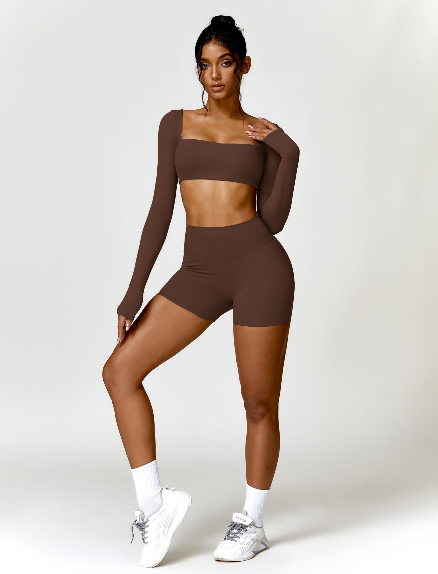 ABOCIW Workout Sets for Women 2 Piece Square Neck Long Sleeve Crop Tops High Waist Biker Shorts Gym Sets