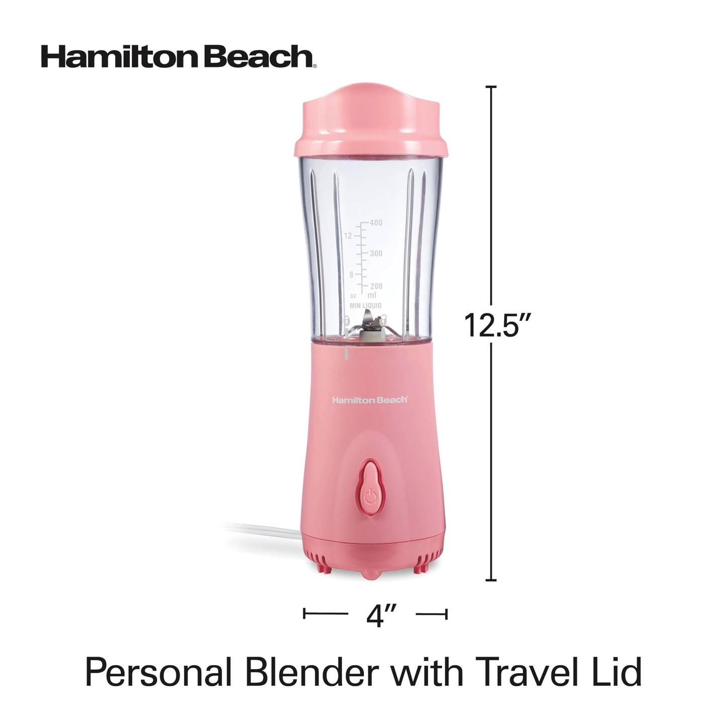 Hamilton Beach Portable Blender for Shakes and Smoothies with 14 Oz BPA Free Travel Cup and Lid, Durable Stainless Steel Blades for Powerful Blending Performance, Coral (51171)