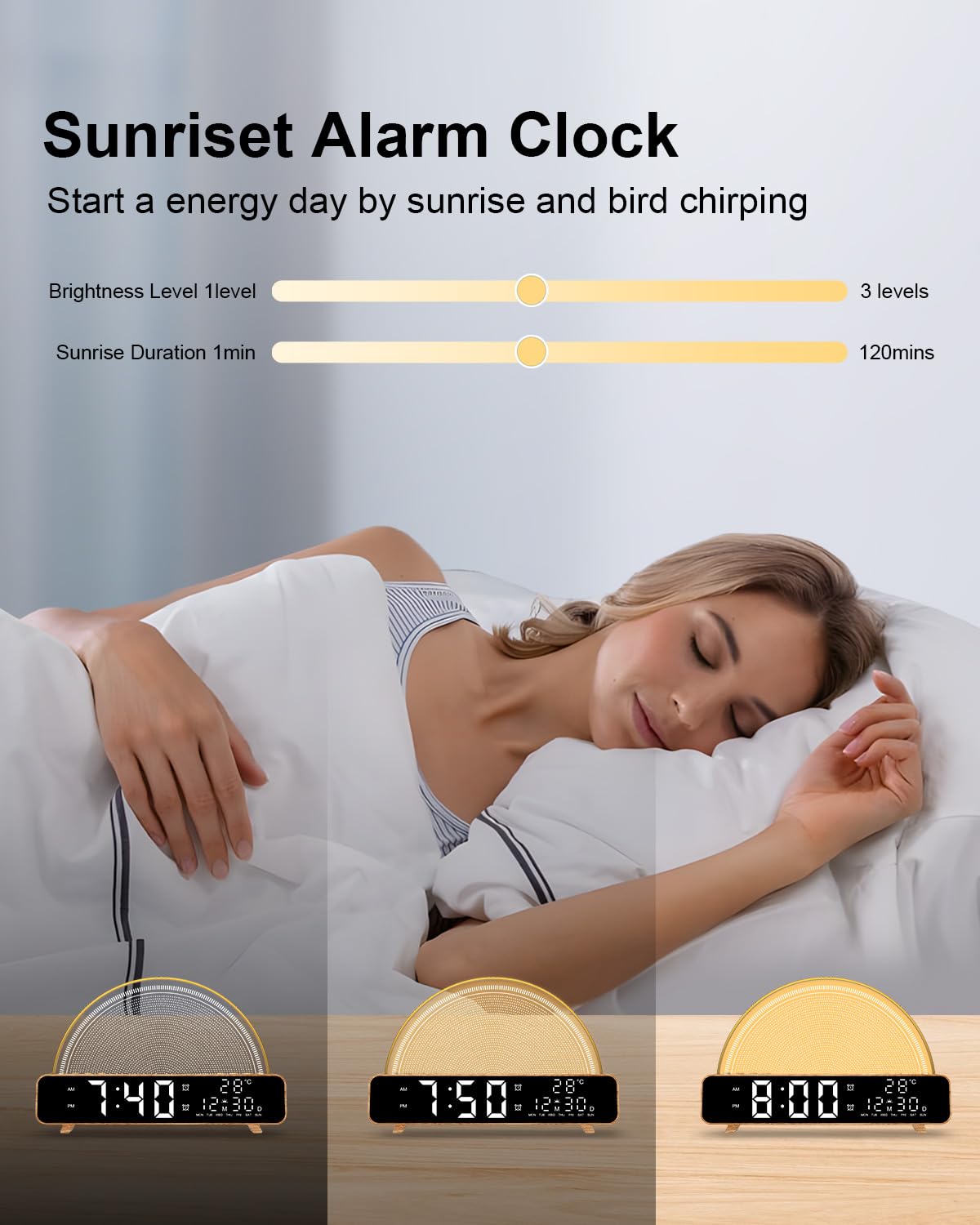 Sunrise Alarm Clock Wake Up Light with Sunrise Simulation White Noise Machine Touch Control Bedside Lamps Colors Atmosphere Lamp 30/60/90 Sleep Timer 13 Nature Sounds