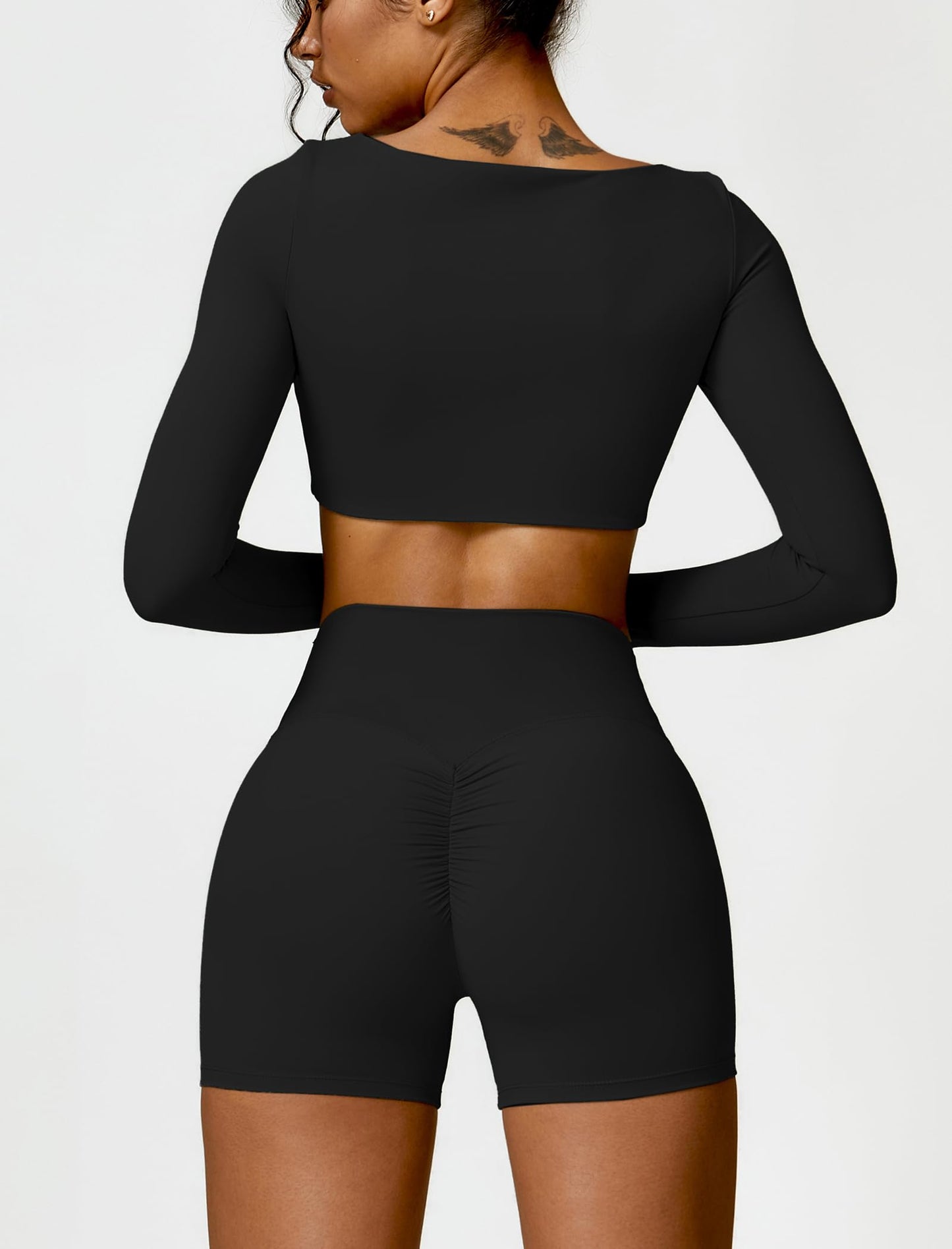 ABOCIW Workout Sets for Women 2 Piece Square Neck Long Sleeve Crop Tops High Waist Biker Shorts Gym Sets