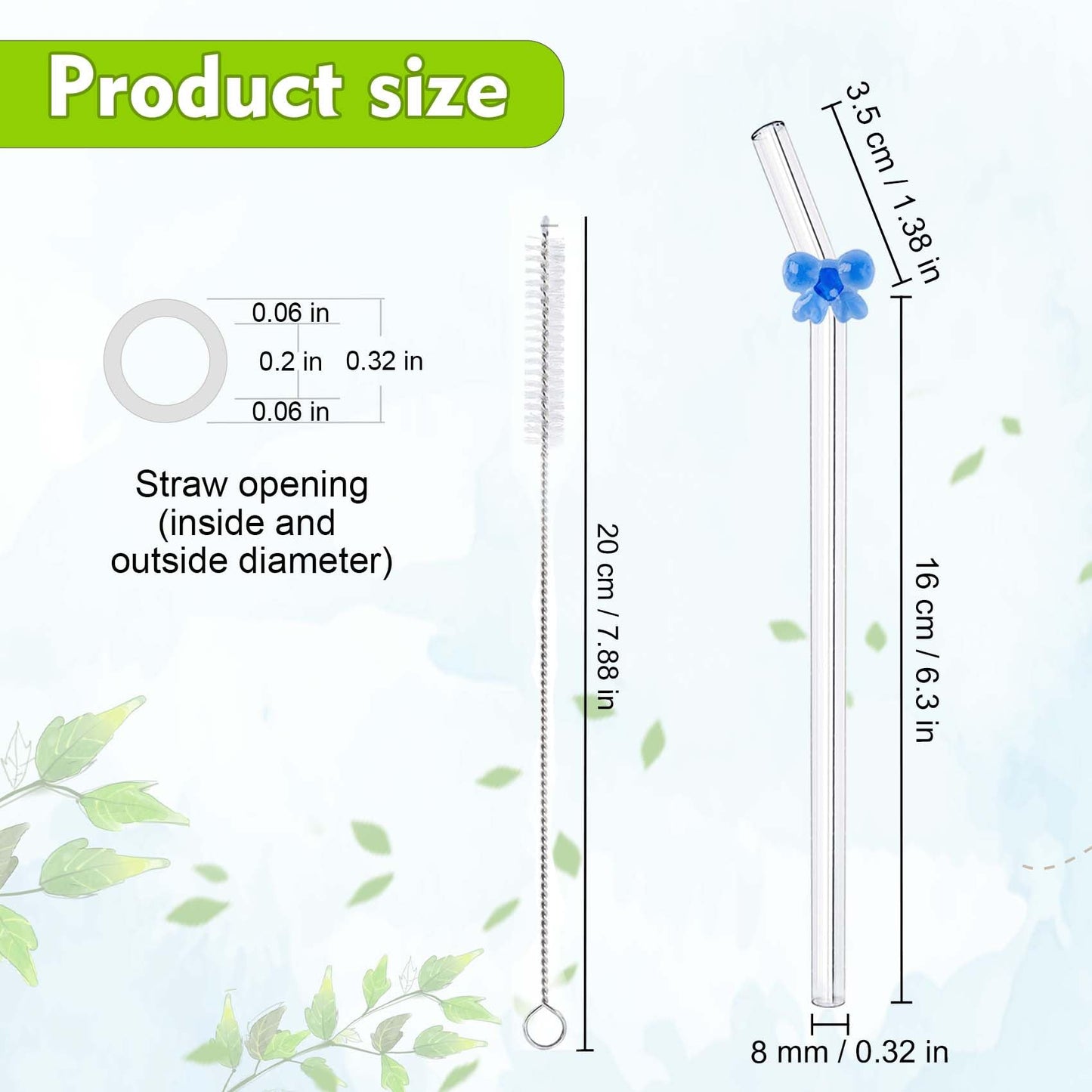 6 Pcs Reusable Glass Straws with Charms, Cute Glass Straws Shatter Resistant, Colorful Bow Glass Straw with 2 Cleaning Brushes for Cocktails Smoothies Milkshakes Juices Teas Bar Accessories