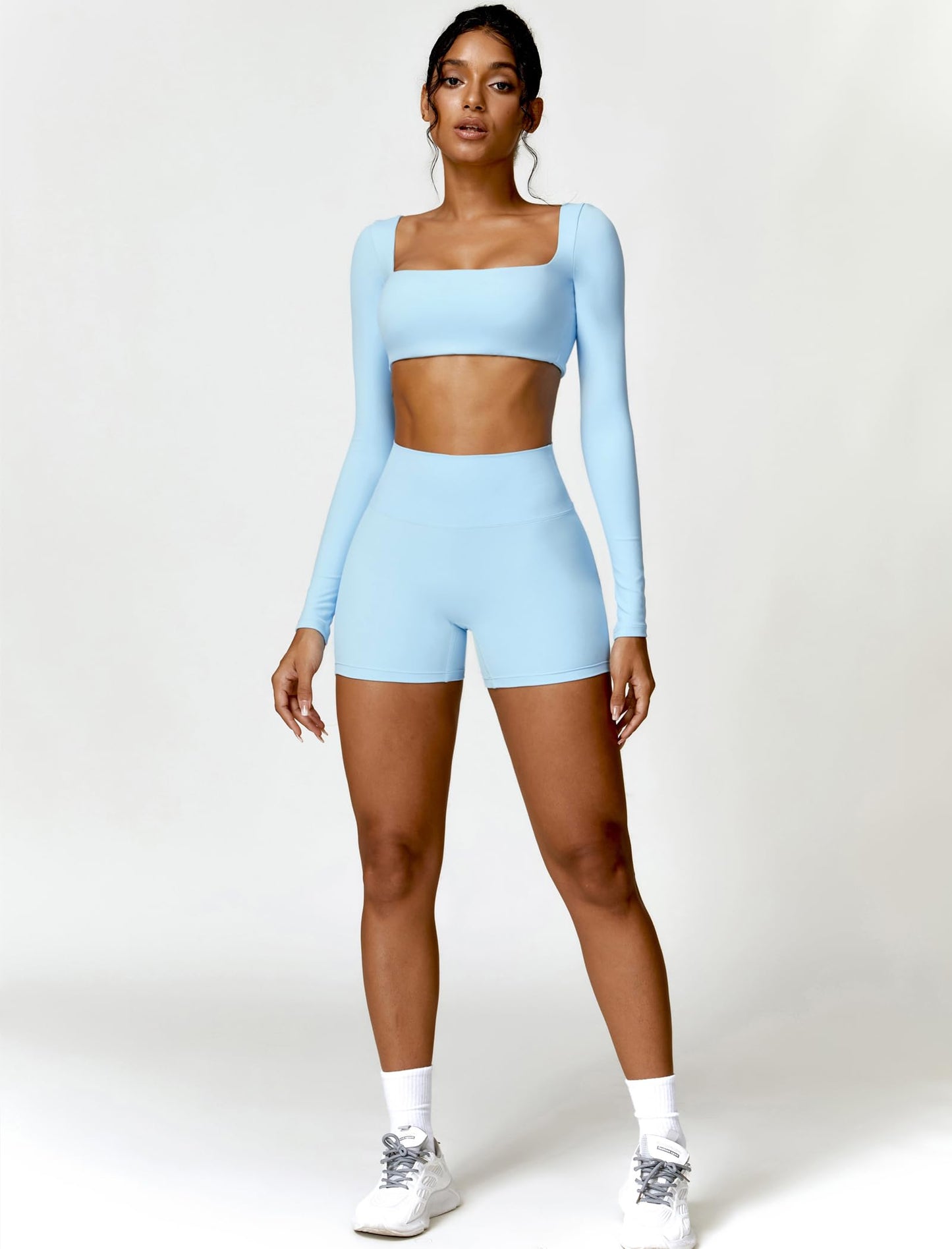 ABOCIW Workout Sets for Women 2 Piece Square Neck Long Sleeve Crop Tops High Waist Biker Shorts Gym Sets