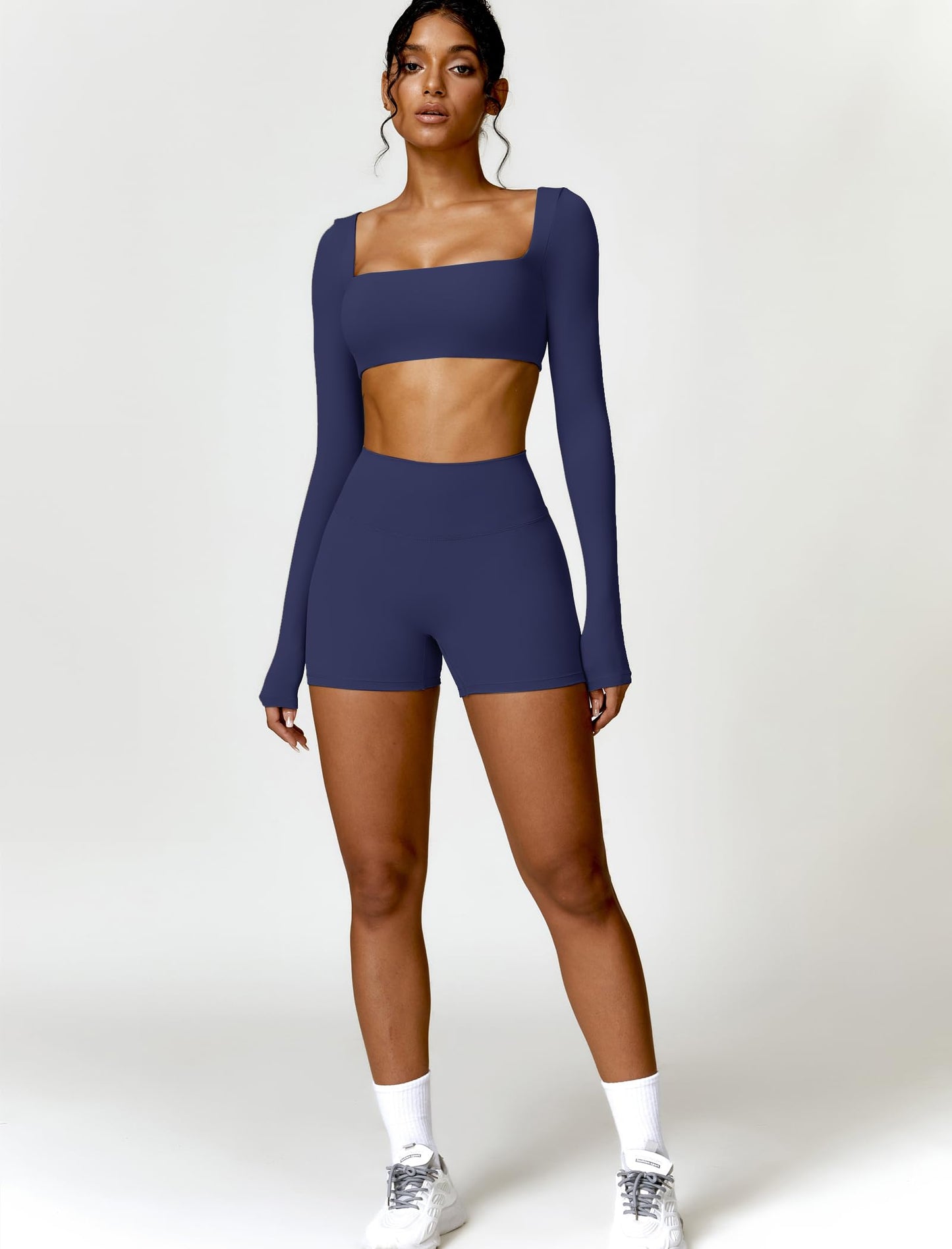 ABOCIW Workout Sets for Women 2 Piece Square Neck Long Sleeve Crop Tops High Waist Biker Shorts Gym Sets