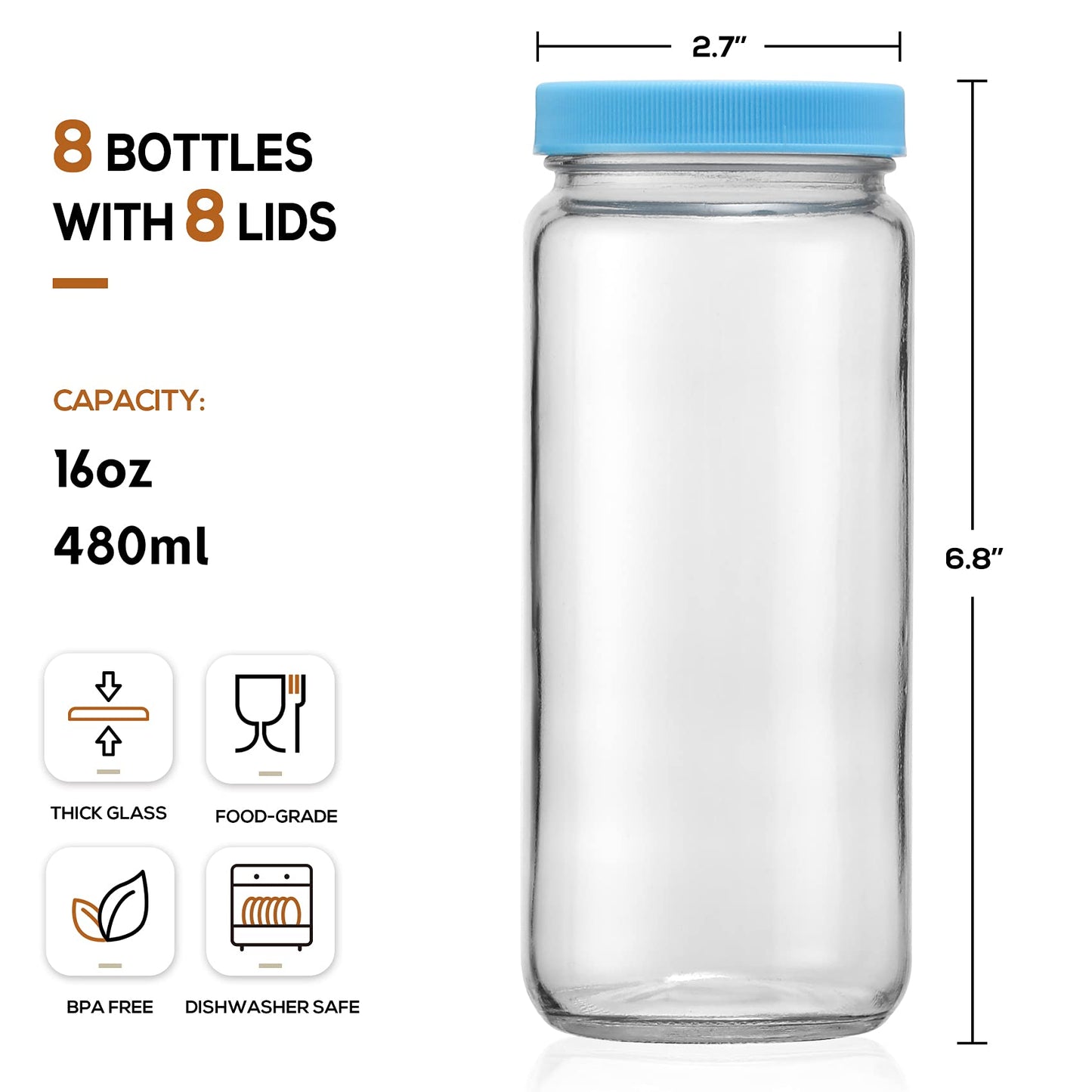 [ 8 Pack ] Glass Juicing Bottles with 2 Straws & 2 Lids w Hole- 16 OZ Travel Drinking Jars, Water Cups with Black Airtight Lids, Reusable Tall Mason Jar for Juice, Bubble Tea, Smoothie, Tea, Kombucha