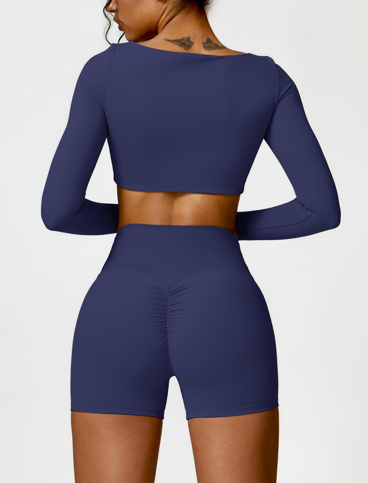 ABOCIW Workout Sets for Women 2 Piece Square Neck Long Sleeve Crop Tops High Waist Biker Shorts Gym Sets