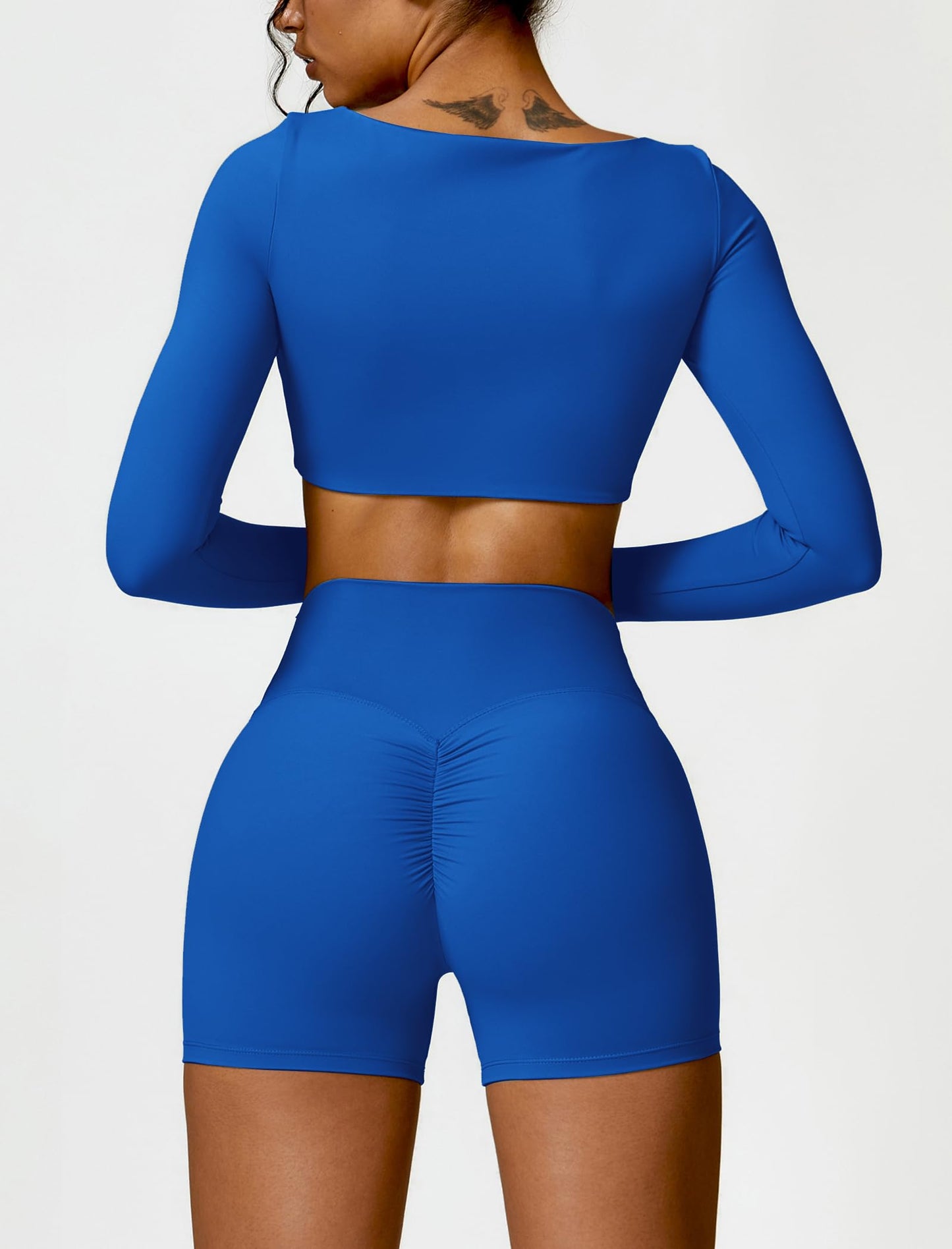 ABOCIW Workout Sets for Women 2 Piece Square Neck Long Sleeve Crop Tops High Waist Biker Shorts Gym Sets