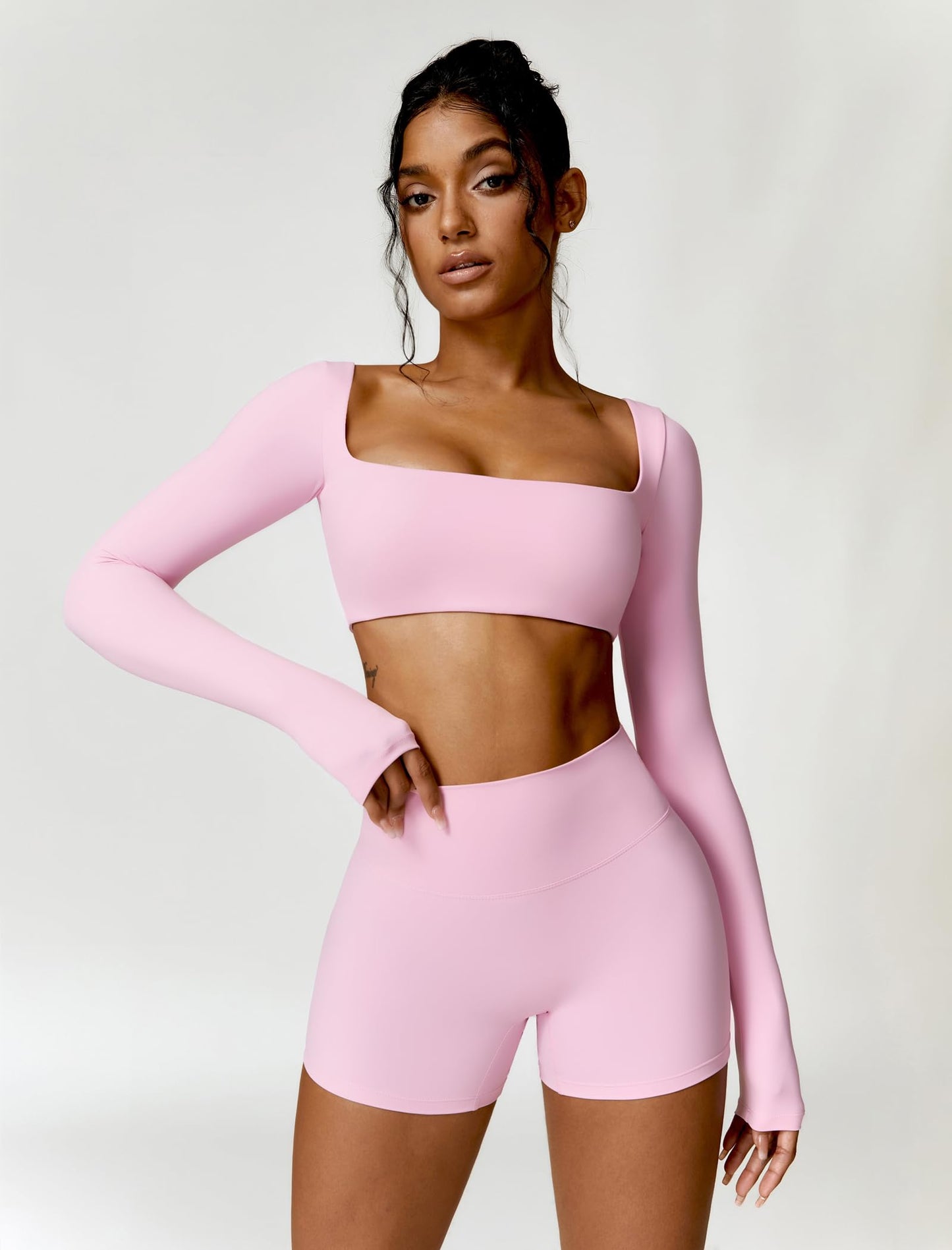 ABOCIW Workout Sets for Women 2 Piece Square Neck Long Sleeve Crop Tops High Waist Biker Shorts Gym Sets