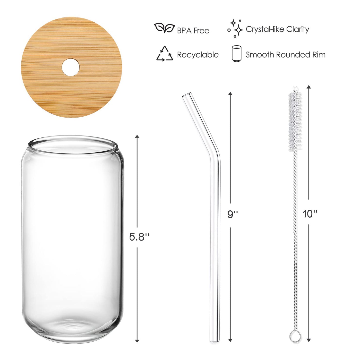 Drinking Glasses with Bamboo Lids and Glass Straw 4pcs Set - 16oz Glass Cups, Iced Coffee Glasses, Cute iced Tea Glasses, Beer Glasses, Ideal for Coffee Bar Accessories, Aesthetic Gift - 2 Brushes