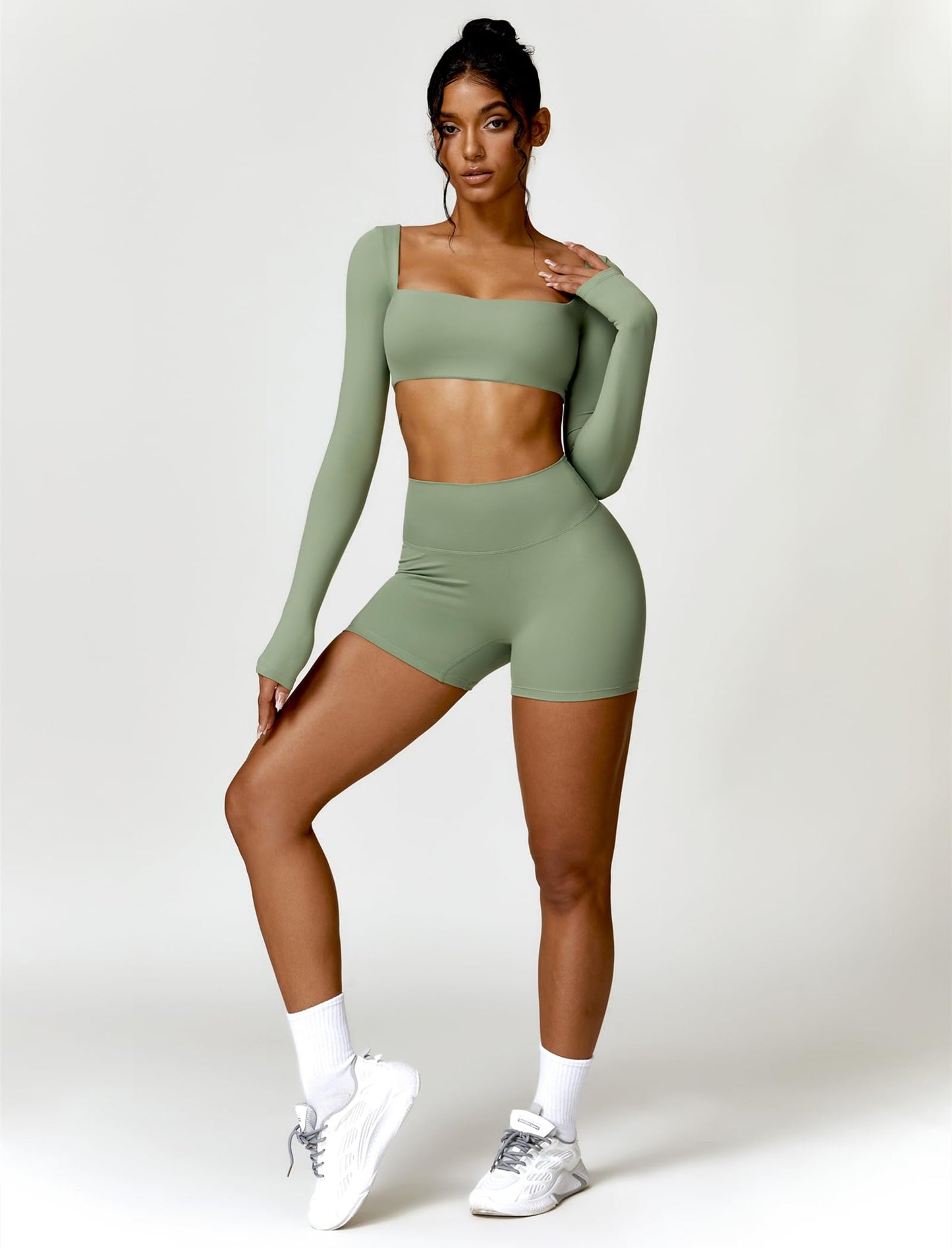 ABOCIW Workout Sets for Women 2 Piece Square Neck Long Sleeve Crop Tops High Waist Biker Shorts Gym Sets