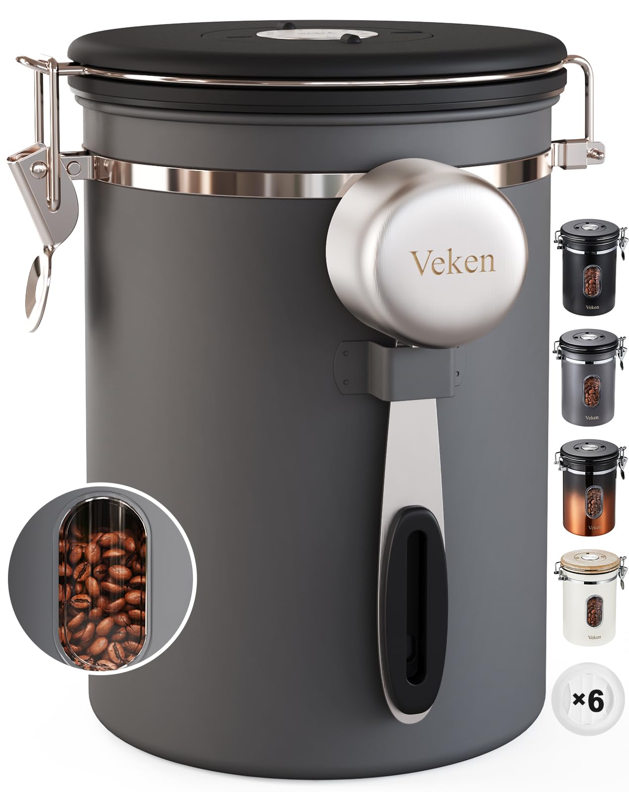 Veken Coffee Canister with Window, Airtight Stainless Steel Kitchen Food Storage Container, Date Tracker and Scoop for Grounds Coffee Bar Accessories, Beans, Tea, Flour, Cereal, Sugar, 22OZ, Black