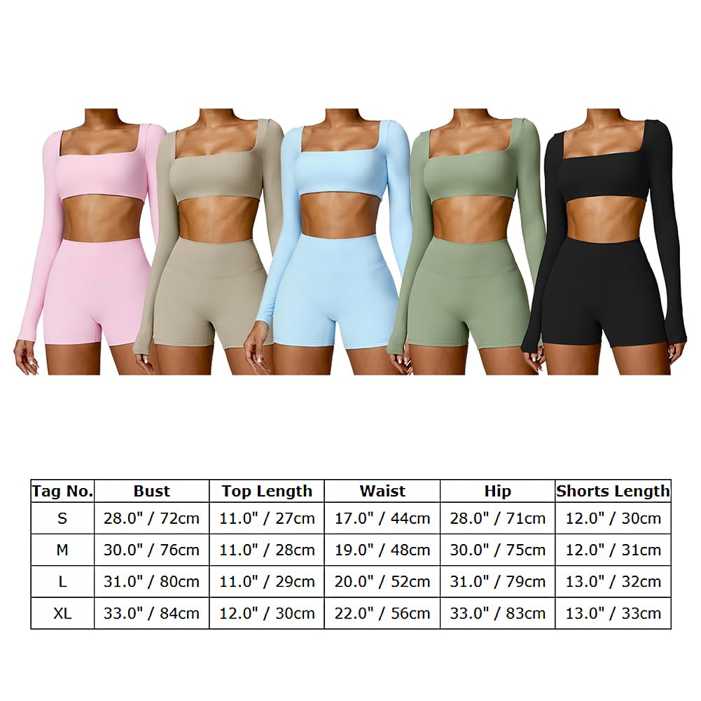 ABOCIW Workout Sets for Women 2 Piece Square Neck Long Sleeve Crop Tops High Waist Biker Shorts Gym Sets