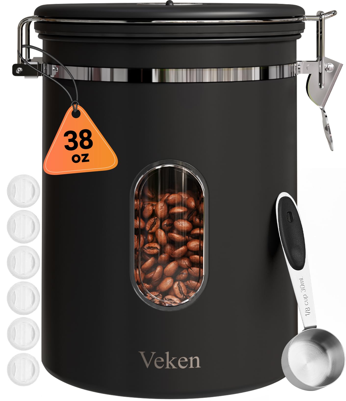 Veken Coffee Canister with Window, Airtight Stainless Steel Kitchen Food Storage Container, Date Tracker and Scoop for Grounds Coffee Bar Accessories, Beans, Tea, Flour, Cereal, Sugar, 22OZ, Black