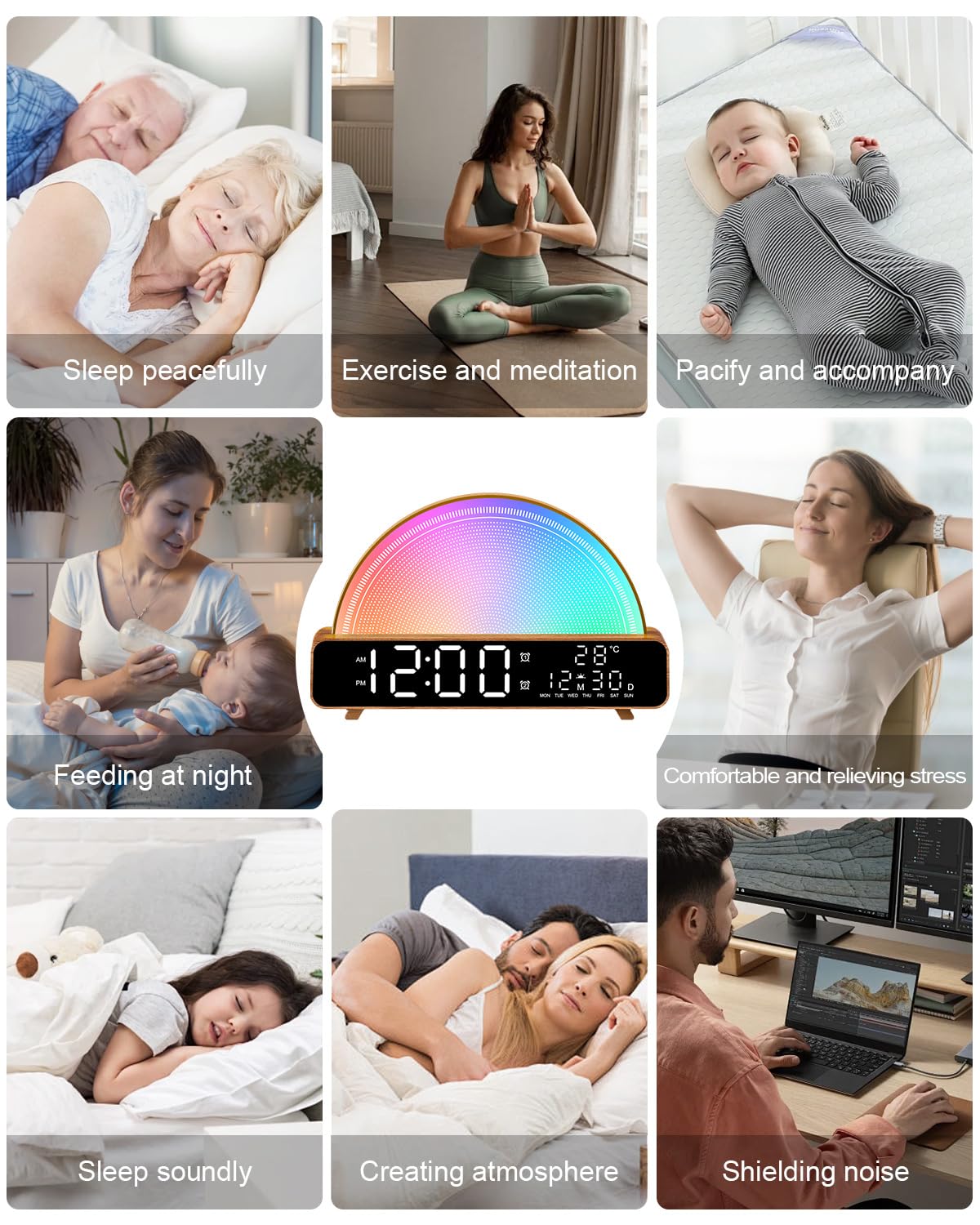 Sunrise Alarm Clock Wake Up Light with Sunrise Simulation White Noise Machine Touch Control Bedside Lamps Colors Atmosphere Lamp 30/60/90 Sleep Timer 13 Nature Sounds