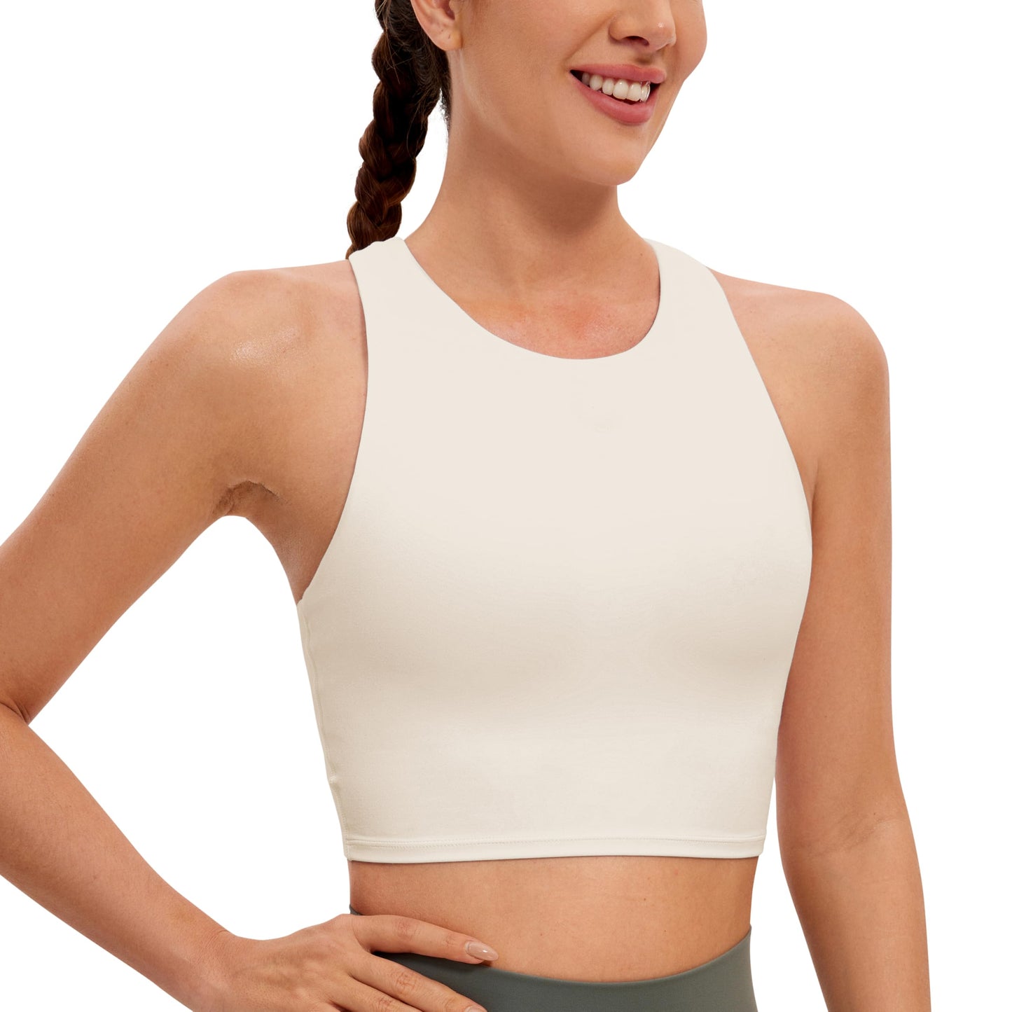 CRZ YOGA Butterluxe Racerback High Neck Longline Sports Bras for Women - Padded Workout Crop Tank Tops with Built in Bra