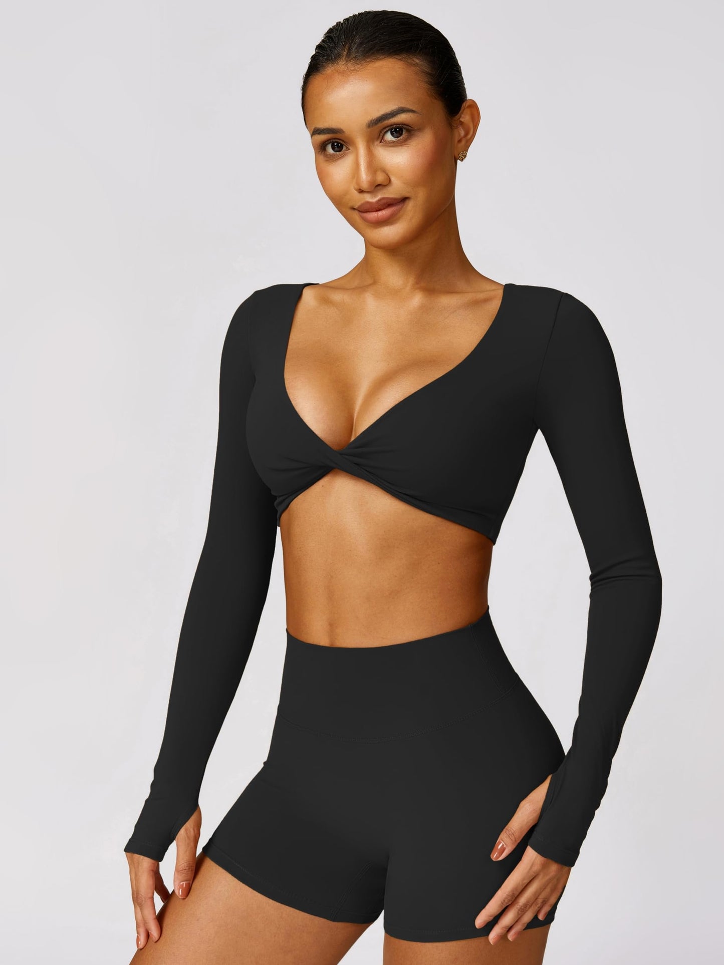 ABOCIW Workout Sets for Women 2 Piece Square Neck Long Sleeve Crop Tops High Waist Biker Shorts Gym Sets