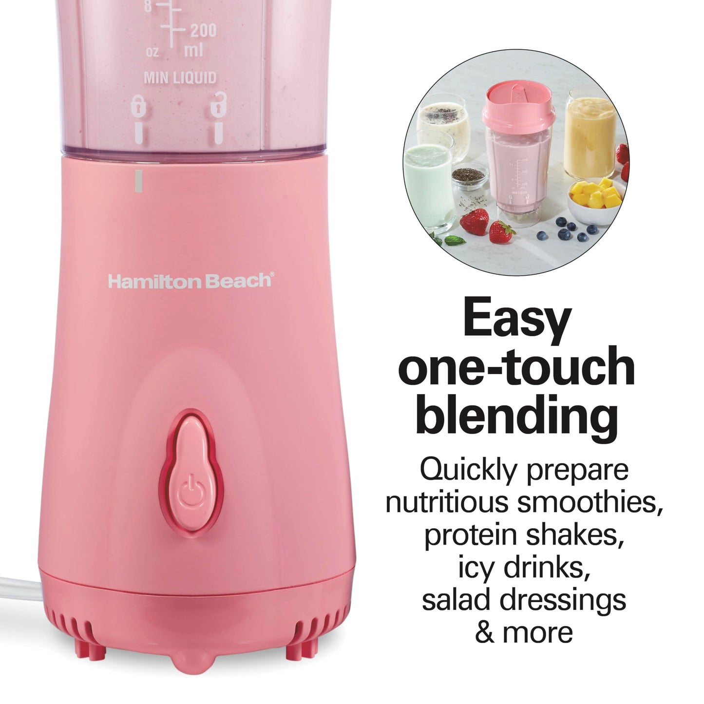 Hamilton Beach Portable Blender for Shakes and Smoothies with 14 Oz BPA Free Travel Cup and Lid, Durable Stainless Steel Blades for Powerful Blending Performance, Coral (51171)