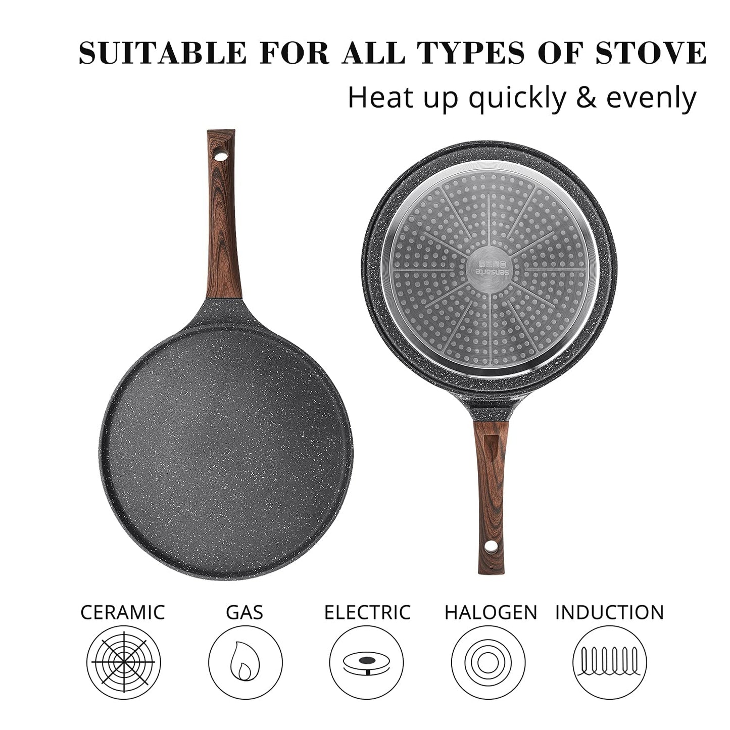 SENSARTE Nonstick Crepe Pan with Spreader, 10-Inch Natural Ceramic Coating Dosa Pan Pancake Flat Skillet Tawa Griddle with Stay-Cool Handle, Induction Compatible, PFOA Free (White)