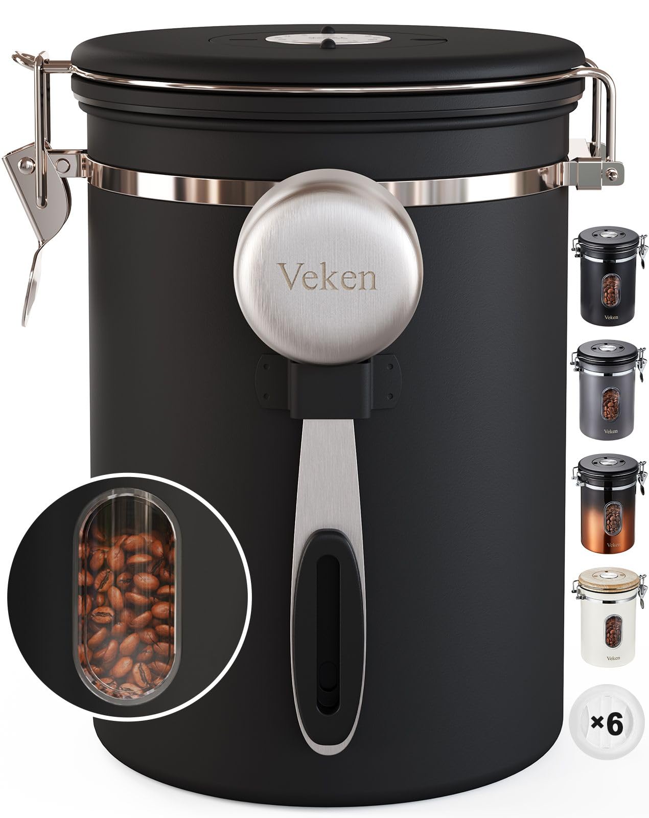 Veken Coffee Canister with Window, Airtight Stainless Steel Kitchen Food Storage Container, Date Tracker and Scoop for Grounds Coffee Bar Accessories, Beans, Tea, Flour, Cereal, Sugar, 22OZ, Black