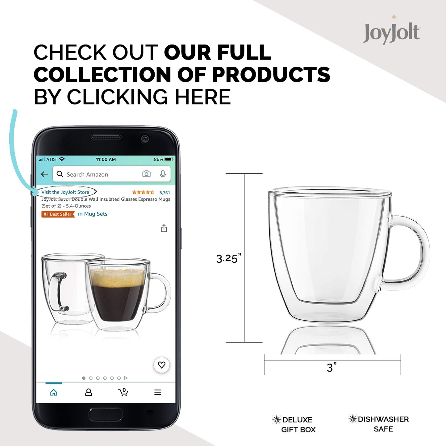 JoyJolt Savor Double Wall Insulated Glasses Espresso Mugs (Set of 2) - 5.4-Ounces