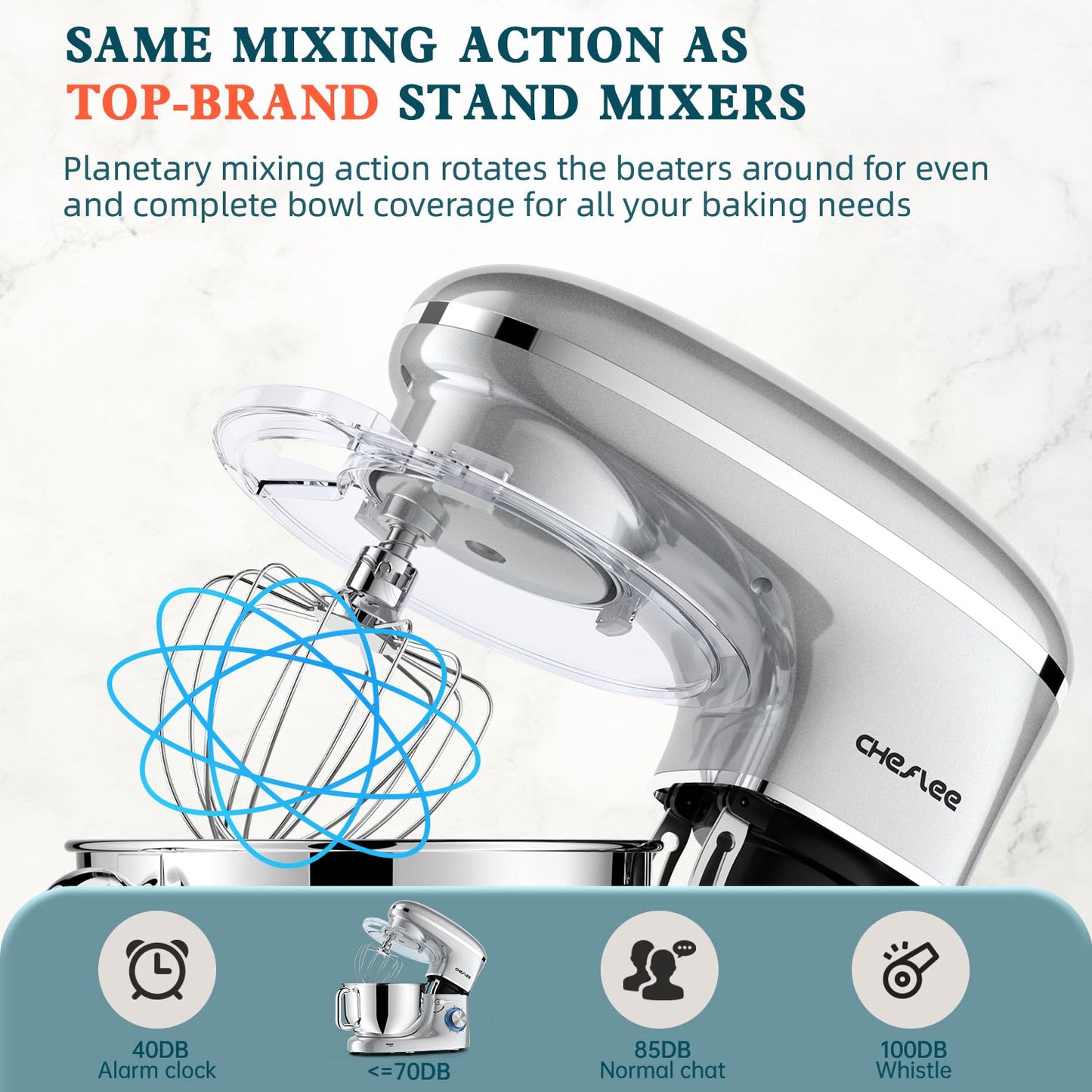 CHeflee Stand Mixer,600W 6+P With 6.5QT Stainless Steel Bowl,Dough Hook, Wire Whip & Beater,for Most Home Cooks,Blue