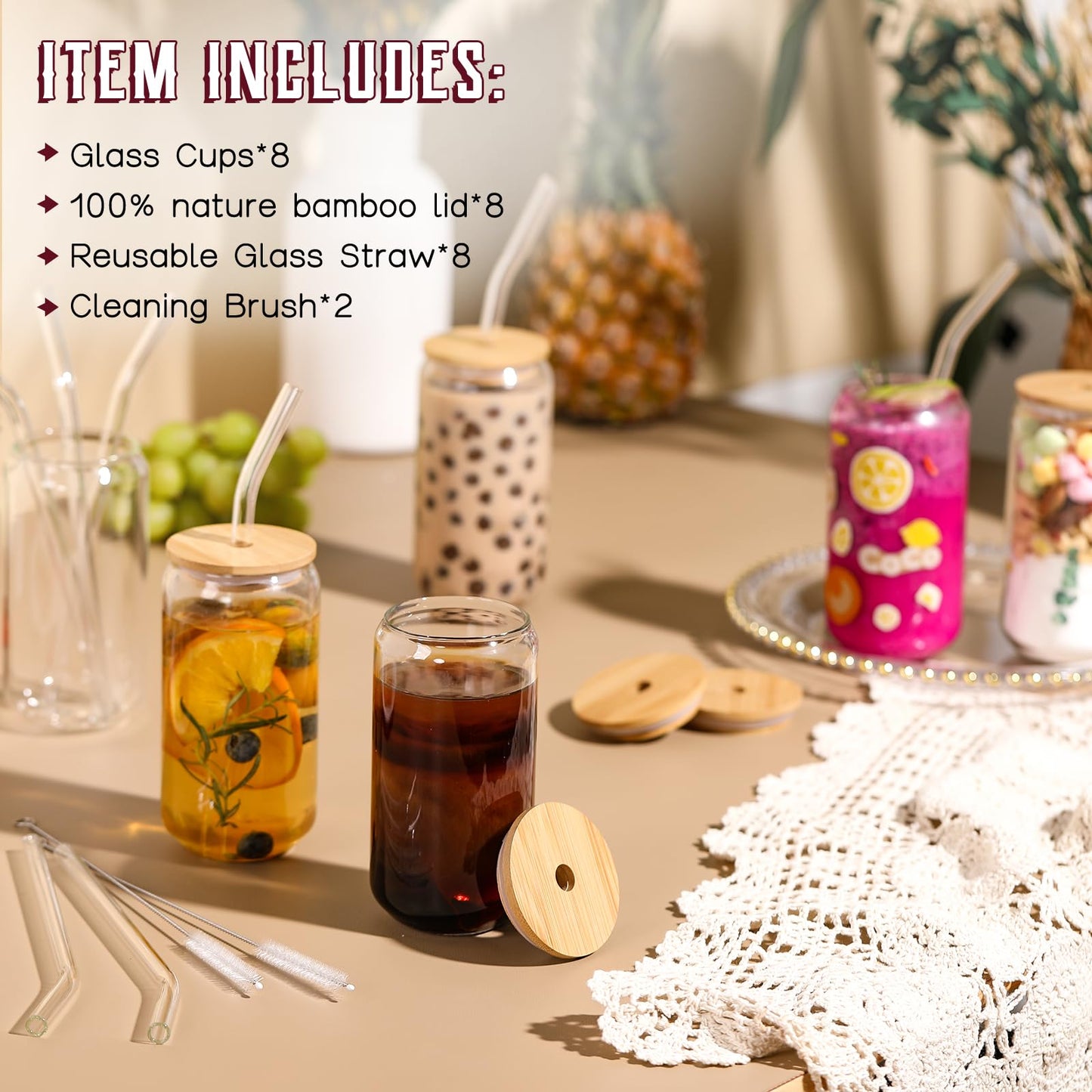 Drinking Glasses with Bamboo Lids and Glass Straw 4pcs Set - 16oz Glass Cups, Iced Coffee Glasses, Cute iced Tea Glasses, Beer Glasses, Ideal for Coffee Bar Accessories, Aesthetic Gift - 2 Brushes